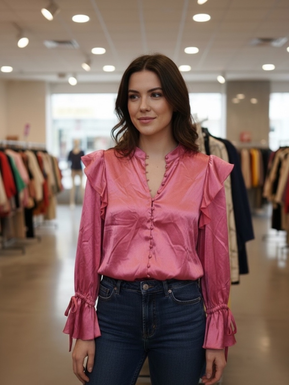 Alice + Olivia Pink Satin Ruffle Blouse Size Medium